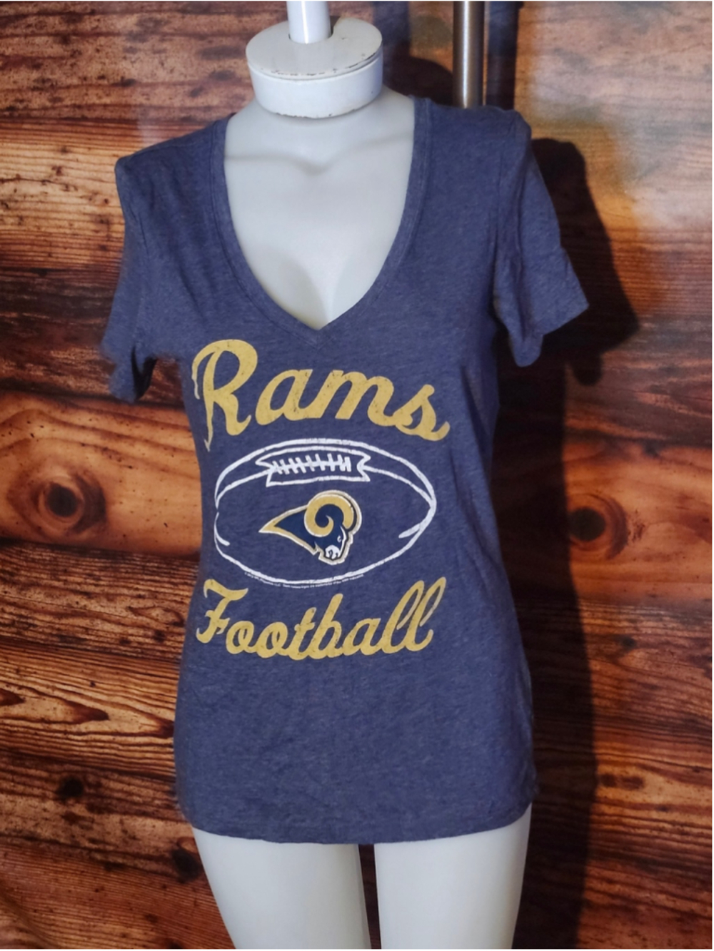 Women's NFL Rams Football V-Neck Tee Blue Yellow Size M
